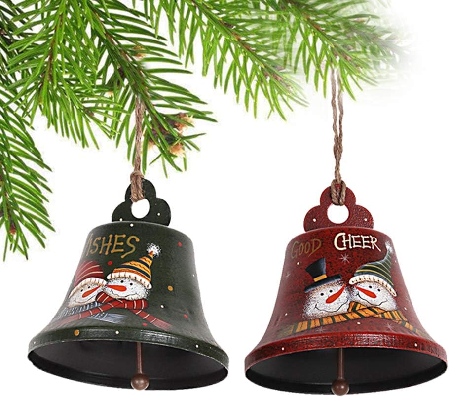 Veclotch Christmas Bell Hanging Ornament Set of 2, Rustic Christmas Tree Snowman Decoration Metal Jingle Bell Ornament Wall Door Hanging Decoration Party Decor Xmas Gifts (S&L)