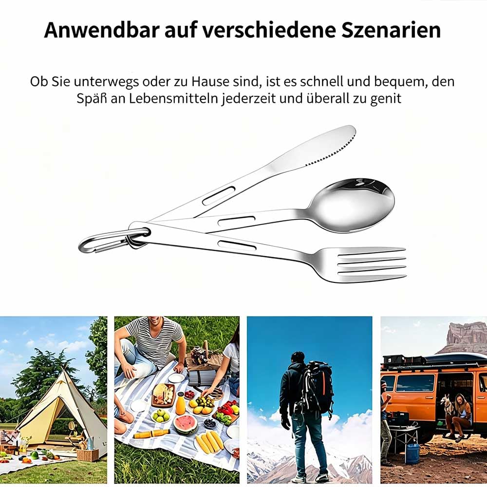 48-teiliges Camping Besteckset für 16 Personen, 3-teilig pro Person mit Karabiner, Edelstahl, spülmaschinengeeignet Silber