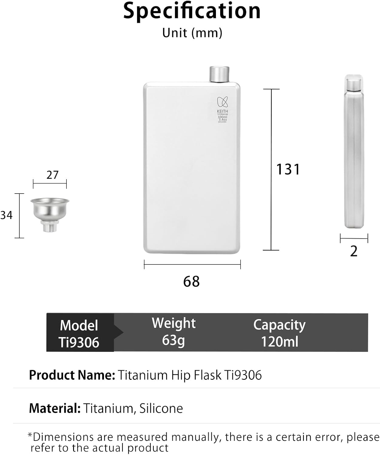 KEITH Titanium Hip Flask Portable 4.06OZ Ultralight Bottle for Whiskey, Liqueur, and Alcohol with Funnel, Camping Equipment(120ML(Squre))