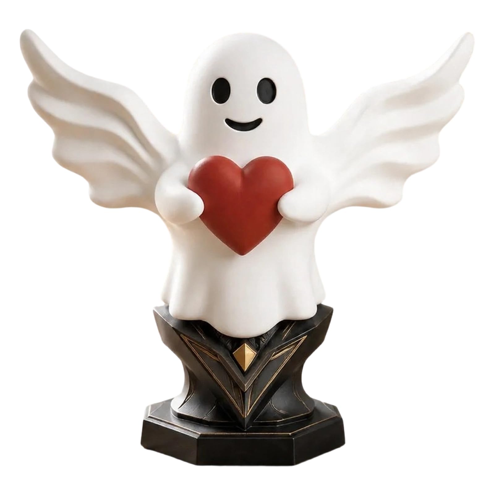 sugerou Ghost Statue with Angel Wing and Red Heart, Cute Smiling Figurine for Home Table Decor, Whimsical Matte Sculpture Ornament for Halloween and Valentine Day Gift White