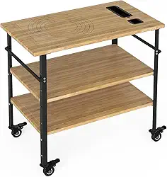 Mesa de forno de pizza 84 x 51 x 90 cm, churrasqueira externa com 4 rodas, carrinho de bar de madeira de bambu com três prateleiras, preparação de refeições e mesa de churrasco, cor de madeira