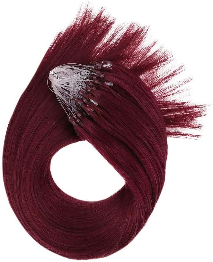 200 Strands 22" Long Easy Micro Loop Ring Beads I Tip 100% Human Hair Extensions Color # Burgundy 0.8g Each