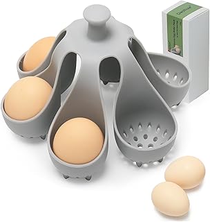 Silicone Egg Boiler Rack for Hard Soft Boiled Eggs, Food Grade Silicone Egg Boiler Cooker with 6 Holders, Kitchen Gadget for Cooking/Serving Eggs with Handle, Dishwasher Safe