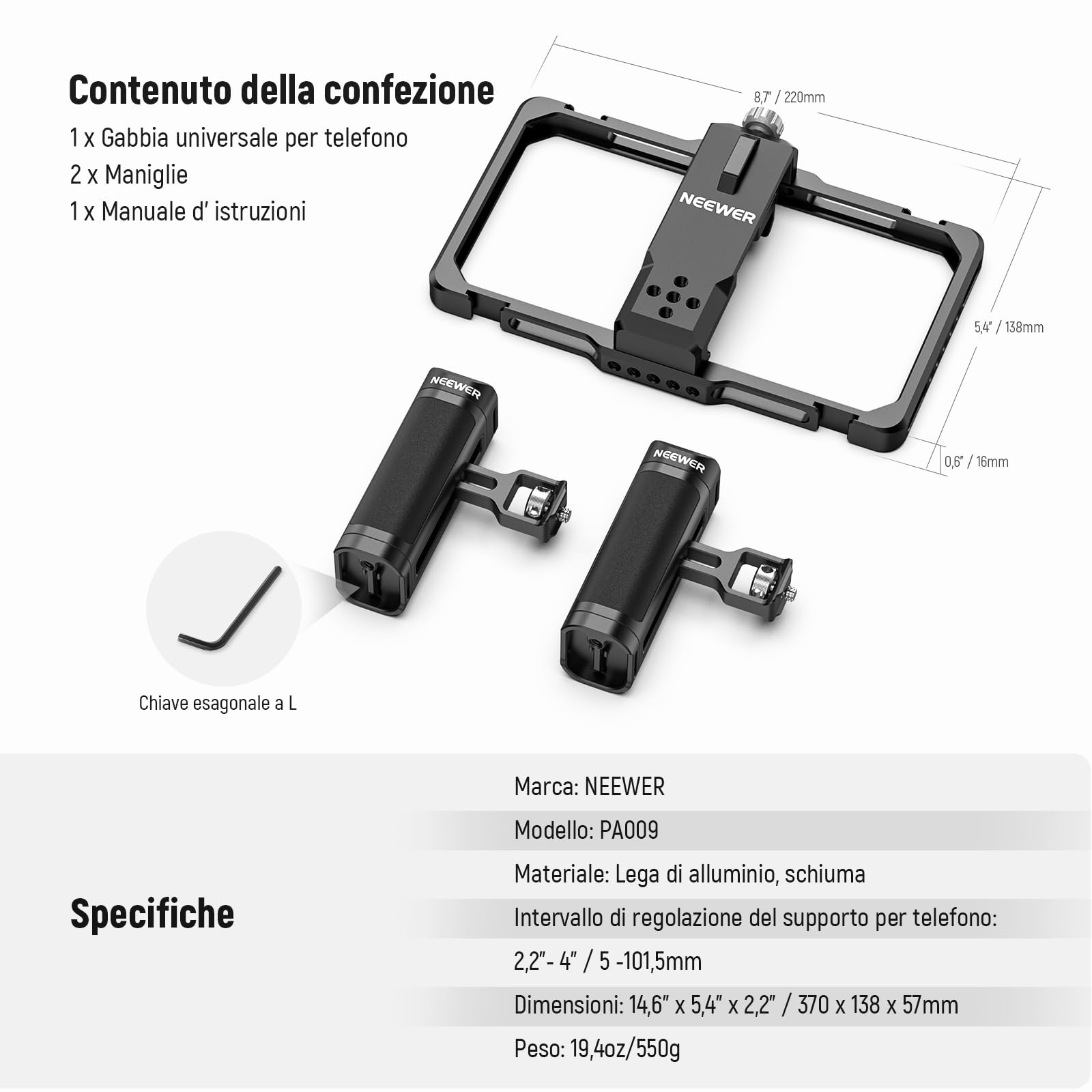 NEEWER Kit Vlogging Rig Telefono Aggiornato, Stabilizzatore Video con Doppia Maniglia, Slot per Clip Mic per Tiktok/YouTube, Compatibile con SmallRig iPhone 16 15 14 13 Pro Max Galaxy S23, PA009
