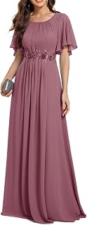 Women's Classic Round Neck Pleated Short Sleeves Chiffon Appliques Floor Length A Line Formal Evening Dresses