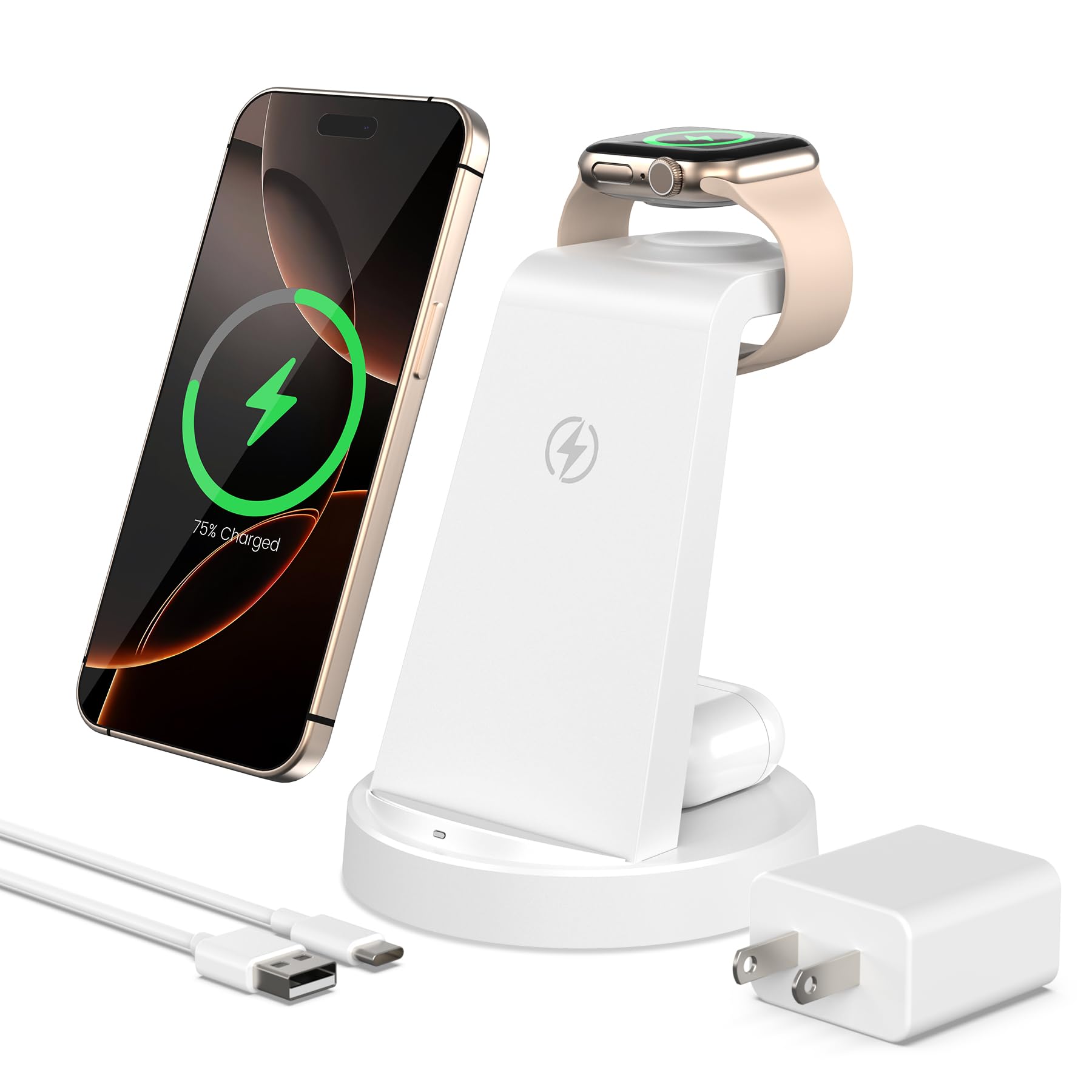 Charging Station for iPhone Charger Stand: 3 in 1 Wireless Charger for Apple iPhone 17 16e 16 15 14 13 12 Pro Max for Apple Watch 11-2 Series for AirPods 4 3 2 Pro - Wireless Charging Station, White