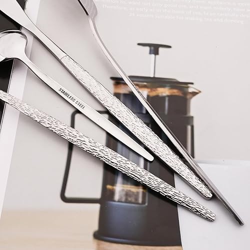 Miniatura 5 de JASHII Juego de cubiertos martillados, juego de cubiertos de acero inoxidable de 24 piezas, incluye cuchillo, tenedor, cuchara, cucharadita, apto