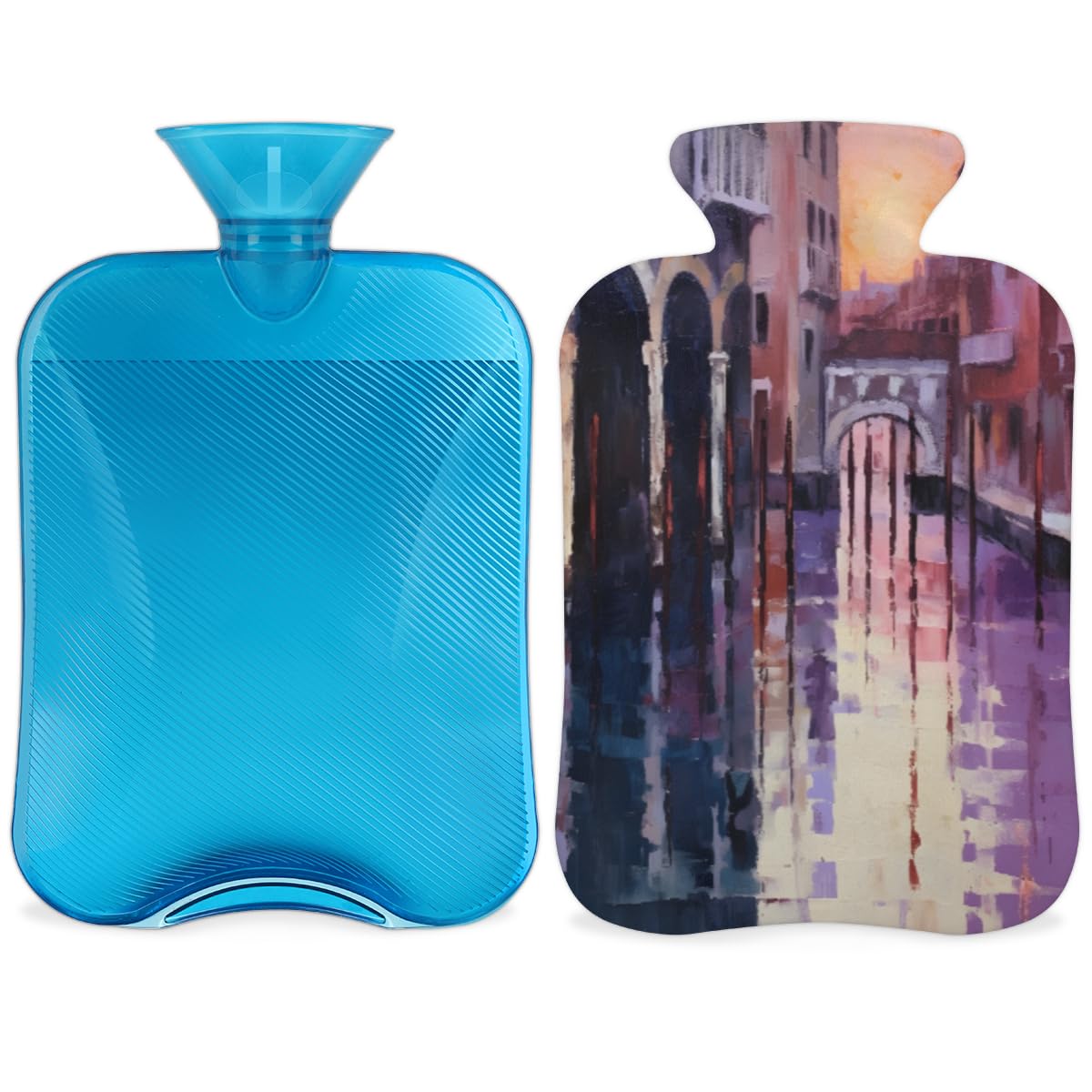 Hot Water Bottle with Soft Cover,2L Oil Painting City Hot Water Bag for Hot and Cold Compress, Hand Feet Warmer, Artistic City Rubber Hot or Cold Water Bottle Halloween Christmas Decorations