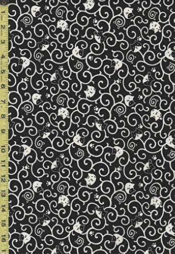 Japanese Novelty Quilting, Sewing Fabric - Cosmo Cat Faces & Scrolls - Dobby Weave - AP82306-1E - Black & White - by The Half Yard