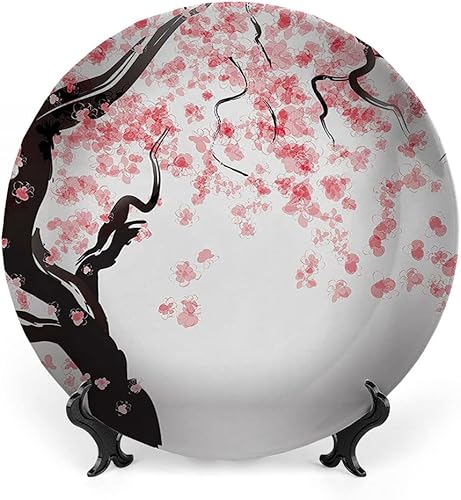 Platos decorativos, adorno con estampado floral, flor de cerezo japonés en pintura de acuarela, 6 pulgadas, 1 plato con 1 soporte de exhibición,