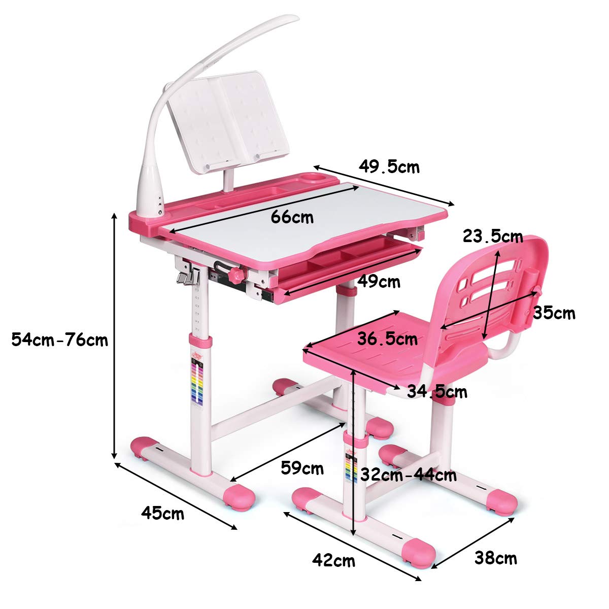 COSTWAY Bureau Enfant Ensemble Table et Chaise pour Enfants avec Lampe Hauteur Réglable Plaque de Table Inclinable pour Etude Travail Charge Max 80KG (Rose)