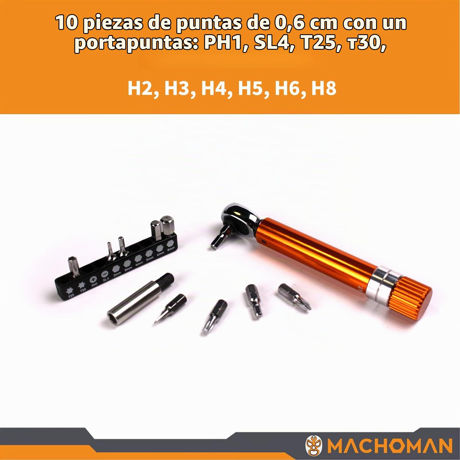MACHOMAN Llave Dinamométrica Bicicleta 2-14 Nm 1/4, Carraca 72 Dientes | Carraca 72 dientes, puntas Hex Torx PH SL, portapuntas y extensión para manillar sillín freno
