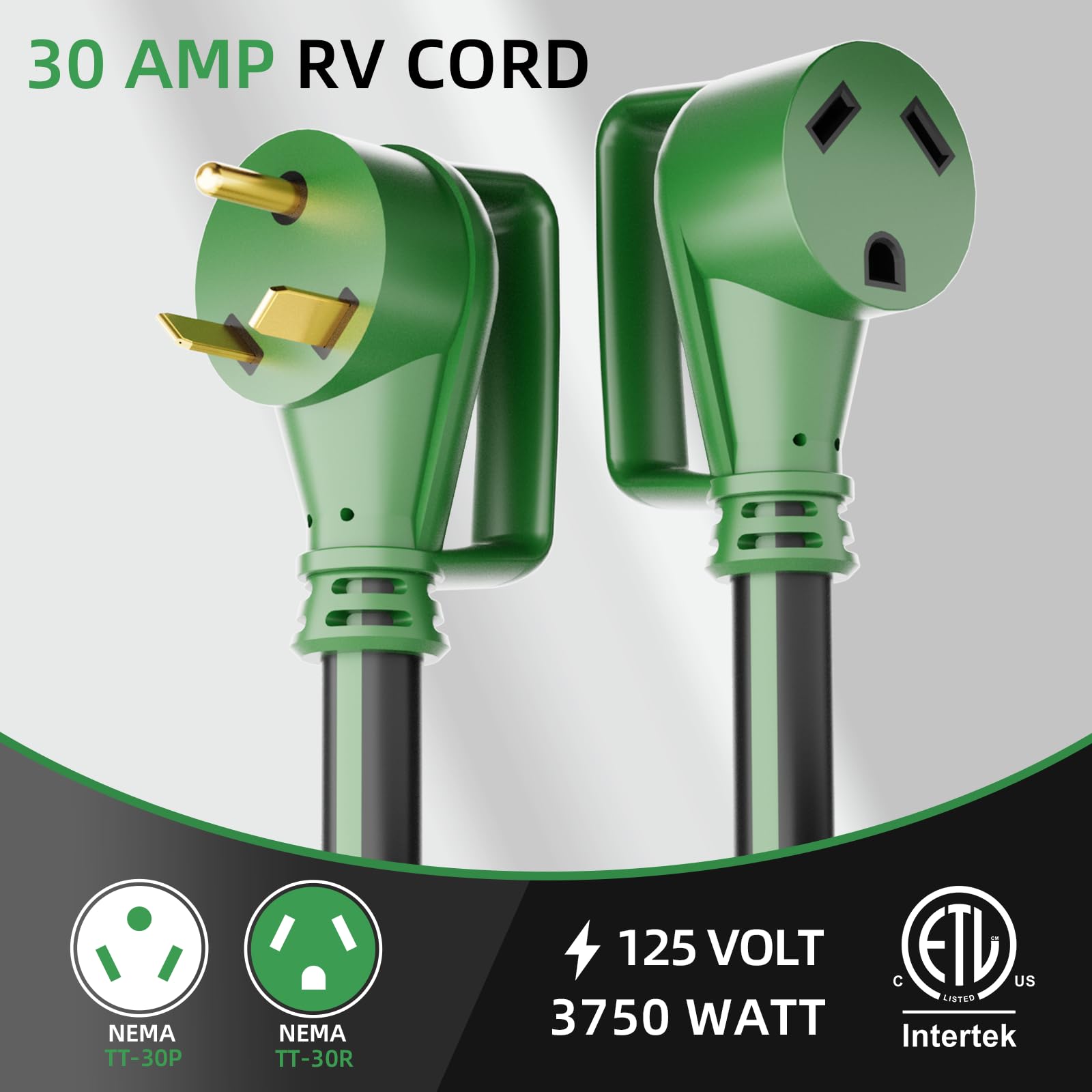 Cable de extensión para RV de 30 amperios, 50 pies con mango de agarre, calibre 10 resistente, cable STW, de cobre puro, para RV, NEMA TT-30P/R con organizador de cables para caravanas,