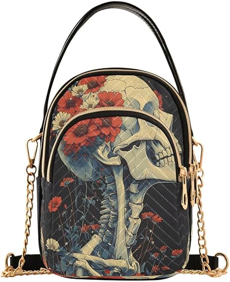 Skeleton Sugar Skull Head Red Blossom Flower Crossbody Bag Small Shoulder Handbags Leather Purse for Women