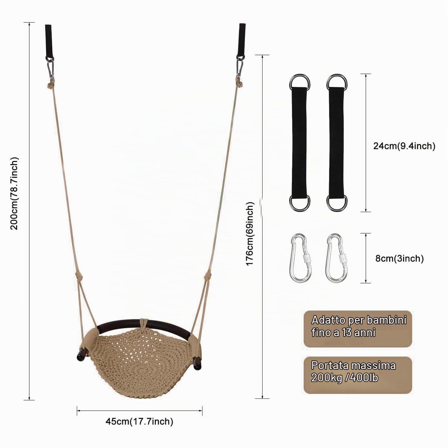 Altalena da Giardino per Bambini con Corde Regolabili, Altalena Per Bambini Lavorata A Mano, Ideale Per Alberi, Interni All'aperto, Parco Giochi, Cortile (KHAKI)