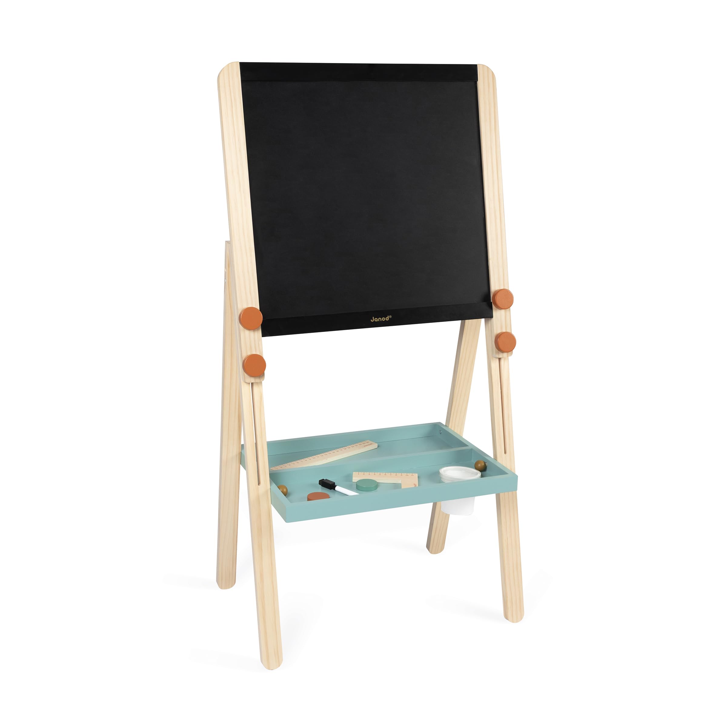 Janod - Pizarra Doble Cara de Madera Ajustable en Altura - Pizarra Blanca magnética + tizas - 18 Accesorios incluidos - A Partir de 3 años