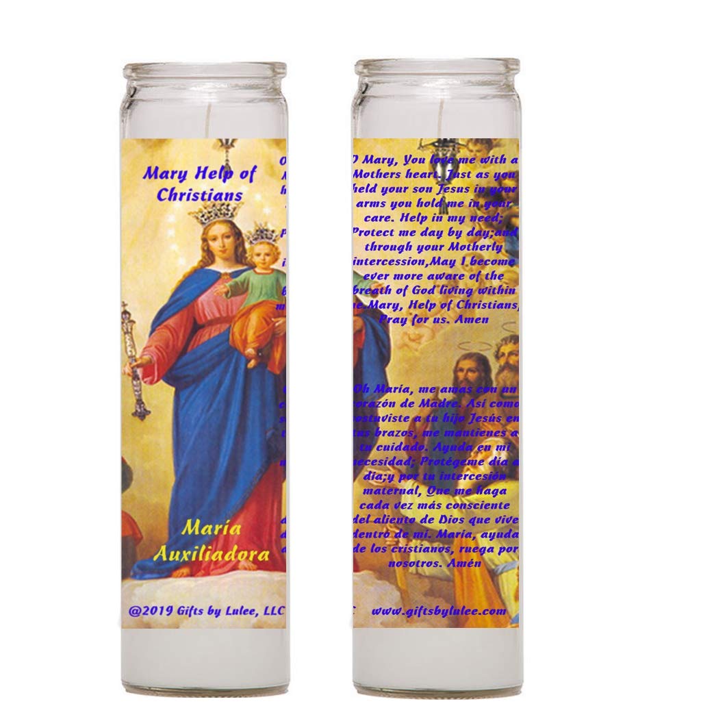 Mary Help of Christians Maria Auxiliadora Set of Two 2 Glass Candles with Prayer 2 Veladoras de Cristal con Rezo