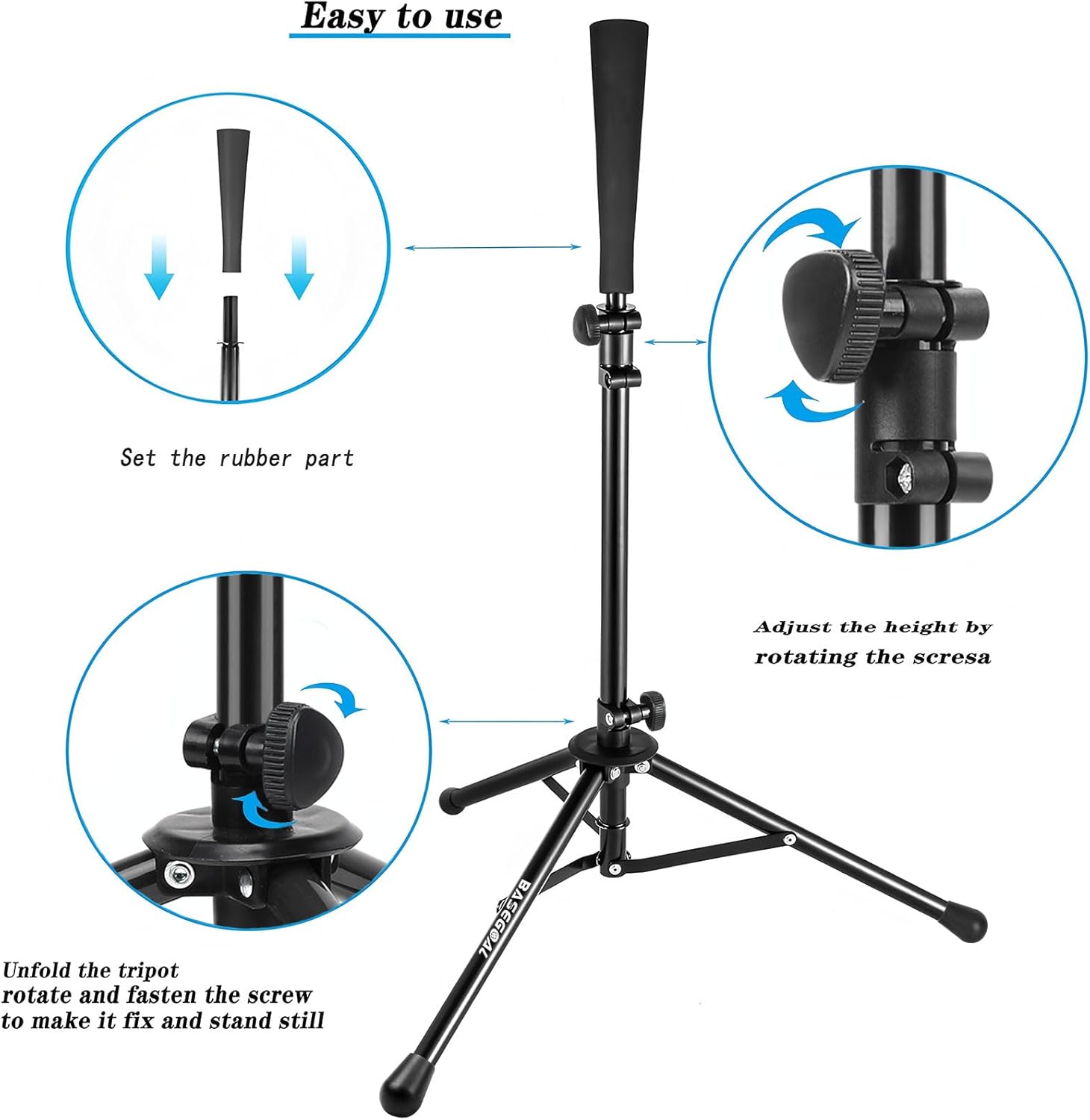 BaseGoal Batting Tee Baseball Tee,Softball Travel Portable Tee Tripod Stand Rubber Tee for Batting Training Practice with Carrying Bag