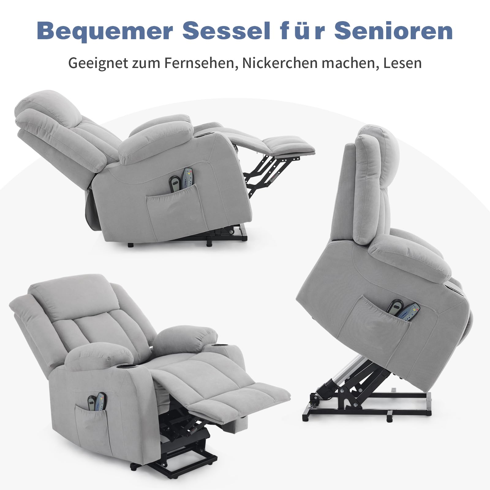 LEADZM Fernsehsessel Relaxsessel mit Aufzug Elektrisch Massagesessel | mit Liegefunktion Aufstehhilfe, Massage Heizung 2 Seitentaschen Getränkehalter, Liegen TV Sessel