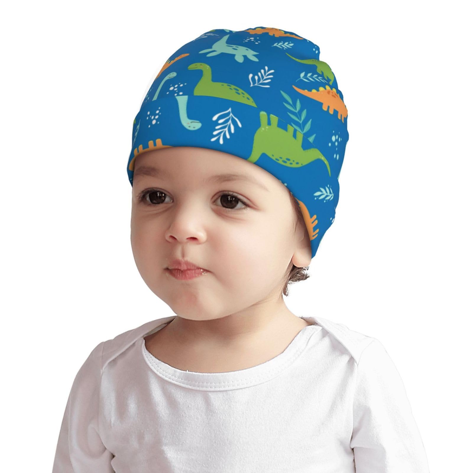 Rqzwdq Cute Dinosaur and Leaves Pattern Kids Beanie Hats Warm Knit Beanie Cap Skull Caps Gifts Decor for Boys Girls