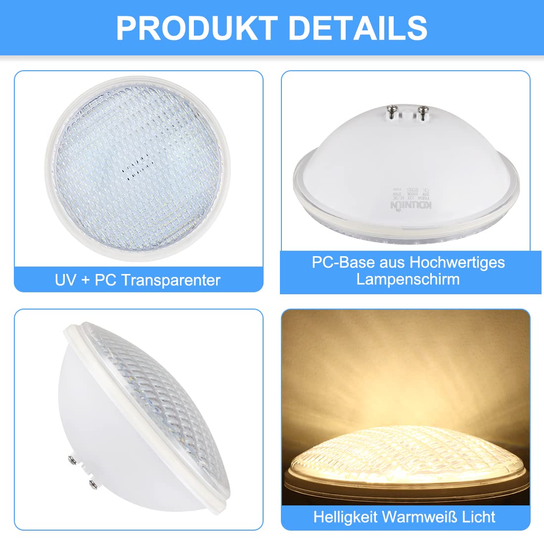 LED Poolleuchten, PAR56 Unterwasserleuchten, Warmweiß Schwimmbadleuchten, IP68 Wasserdichte Poolbeleuchtung, 20W 12V AC/DC Unterwasser Beleuchtung
