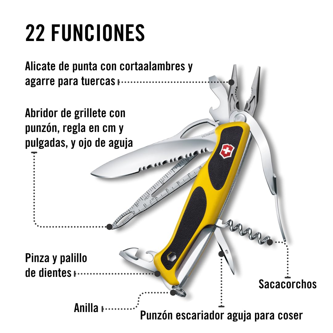 Victorinox Ranger Boatsman MW Grip, Navaja Multiuso Suiza, Cuchillo bolsillo, Regalo, 22 Funciones, Needle-nose pliers, Nut wrench, Bloqueable, Hoja para una mano