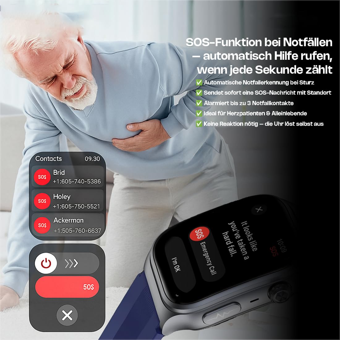 MEIION Ortho Leben Orthowatch Arca Smartwatch für Senioren – Einfache Bedienung, SOS-Notruf & Sturzerkennung, Echtzeit Herzfrequenz- & SPO₂-Überwachung für Schwimmen, Radfahren, Laufen, Fitness