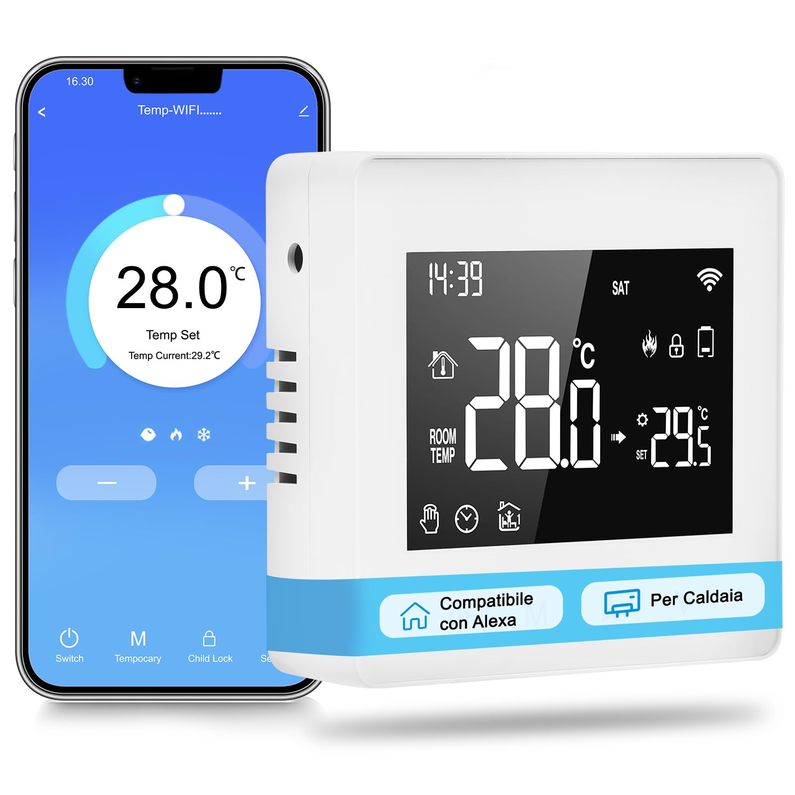 Termostato WiFi, Termostato Caldaia Programmabile, Intelligente 503 da Parete, LCD Digitale Touchscreen, per Alexa e Google Assistant, a Batteria, 3A, Bianco