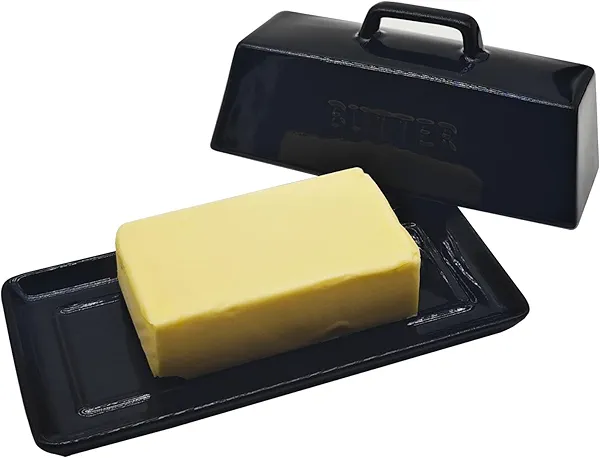 MKYHBOO Ceramic Butter Dish With Lid for Countertop, Covered Butter Holder With Lid, Black Butter Container, Butter Tray With Handle