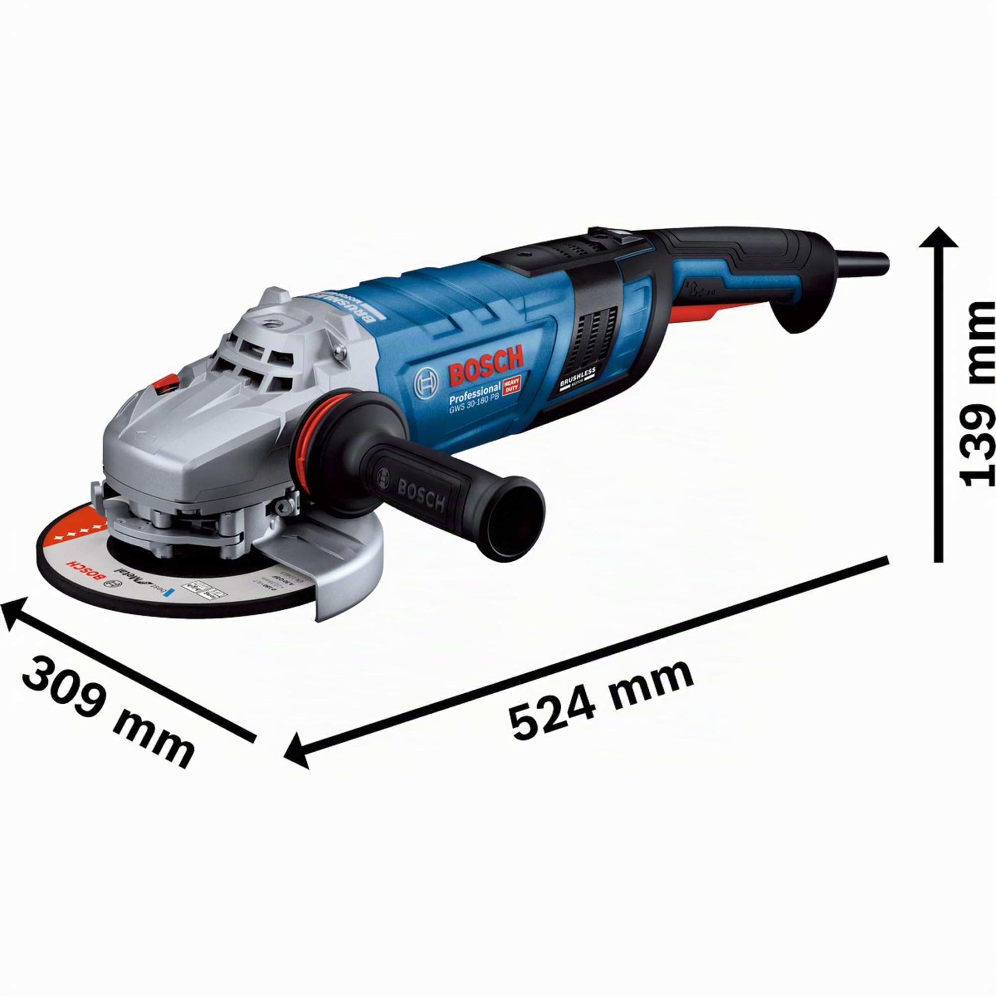 Bosch Professional GWS 30-180 PB - Amoladora angular (Brushless, Ø 180 mm, 2800 W, KickBack Control, hombre muerto, freno)