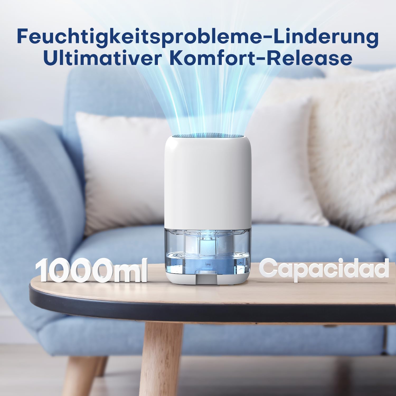 Luftentfeuchter 1000ML, Luftentfeuchter Elektrisch für Zuhause mit 7 Farbiger LED, Kompakt, Leise & Effizient für Kleine Räume, Ideal für Badezimmer, Schrank