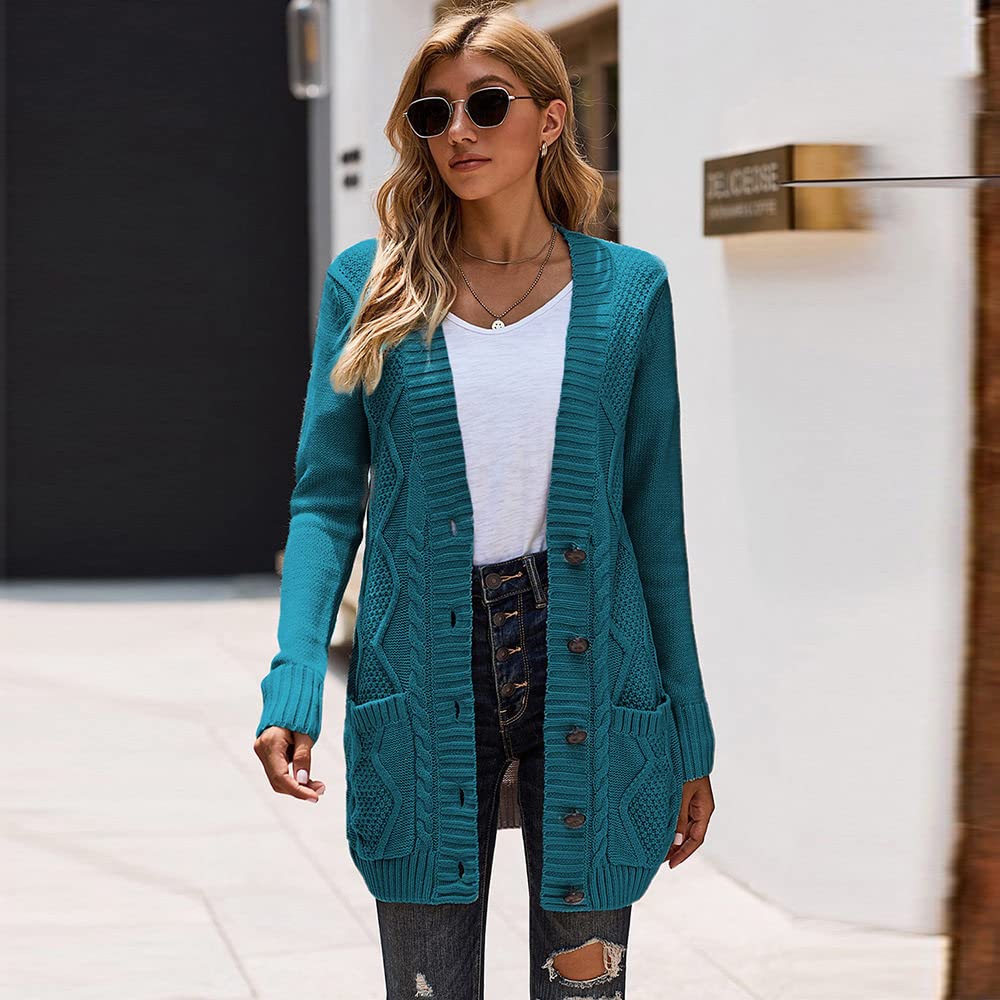 EIBA Cárdigans para Mujer,Cárdigans De Punto Grueso para Mujer Moda Liso Azul Pavo Real Suéteres De Manga Larga con Frente Abierto Cárdigan con Botón De Bolsillo Otoño Invierno Cable Knit Prendas D