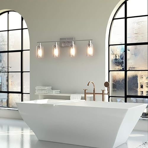 Miniatura 3 de Tangkula Lámparas de tocador de baño de 4 luces, apliques de pared modernos con pantalla de vidrio transparente con base E26, iluminación de pared