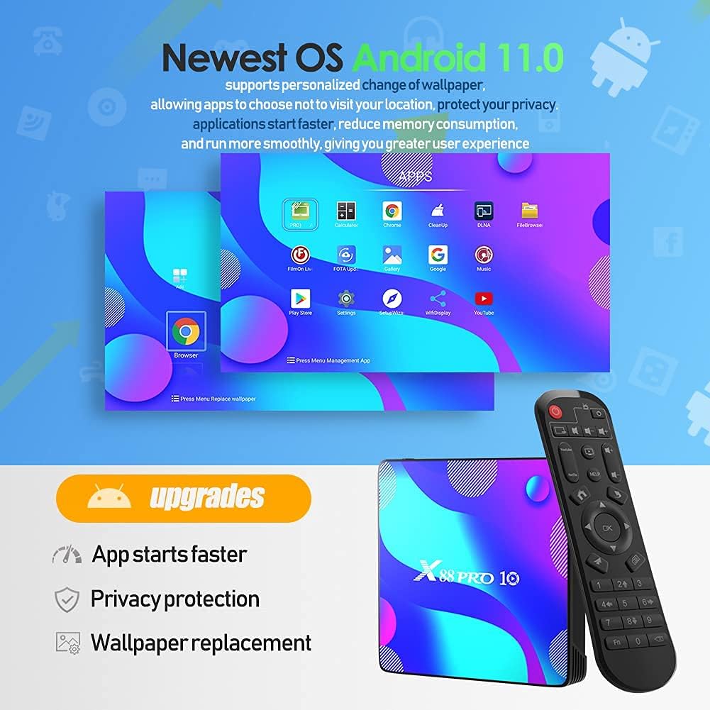 Android TV Box 11.0,4GB RAM 32GB ROM RK3318 Quad-Core 3D 4K Smart Box,Support 2.4G/5.8G Dual WiFi,BT 4.1,100M Ethernet LAN X10 Streaming Video Box