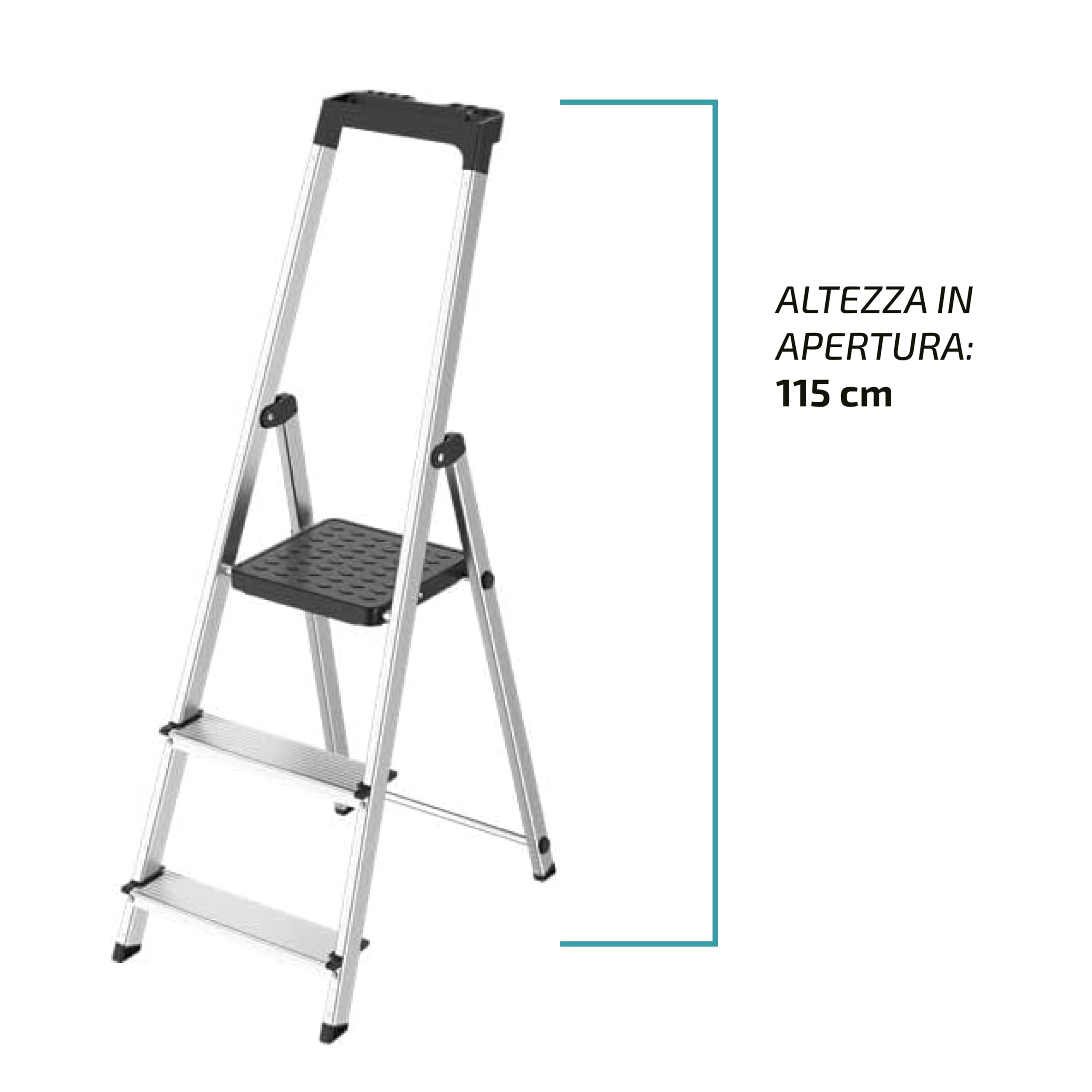 Scala Pieghevole in Alluminio a 3 Gradini con Portaoggetti Integrato || EN-131 || Portata 150kg || Scaletta Domestica Antiscivolo, Stabile e Leggera, con Vassoio Portautensili per Casa e Fai da Te