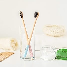 NUDUKO Biodegradable Charcoal Toothbrush Bamboo Toothbrushes - 6 Pack Eco-Friendly, Natural Wooden Tooth Brush, BPA Free Travel Size Organic Soft Bristle Toothbrushes for Adults, Cone Handle