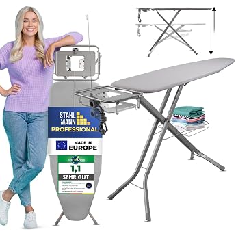 STAHLMANN  XXL Ironing Board for Steam Ironing Station [130 x 48 cm Ironing Surface] - Ironing Board [Made in Europe] - Extra Sturdy Ironing Board - Ironing Board Cover [100% Cotton]