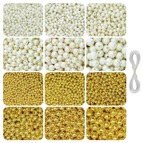 Image of 1800 Pcs Golden & 1800 Pcs Off White Pearl Beads for Jewellery Making Kit - Beads for Bracelet Making Kit - Pearls for Craft - Plastic - Sizes 4, 5, 6, 8, 10, 12MM - 360g