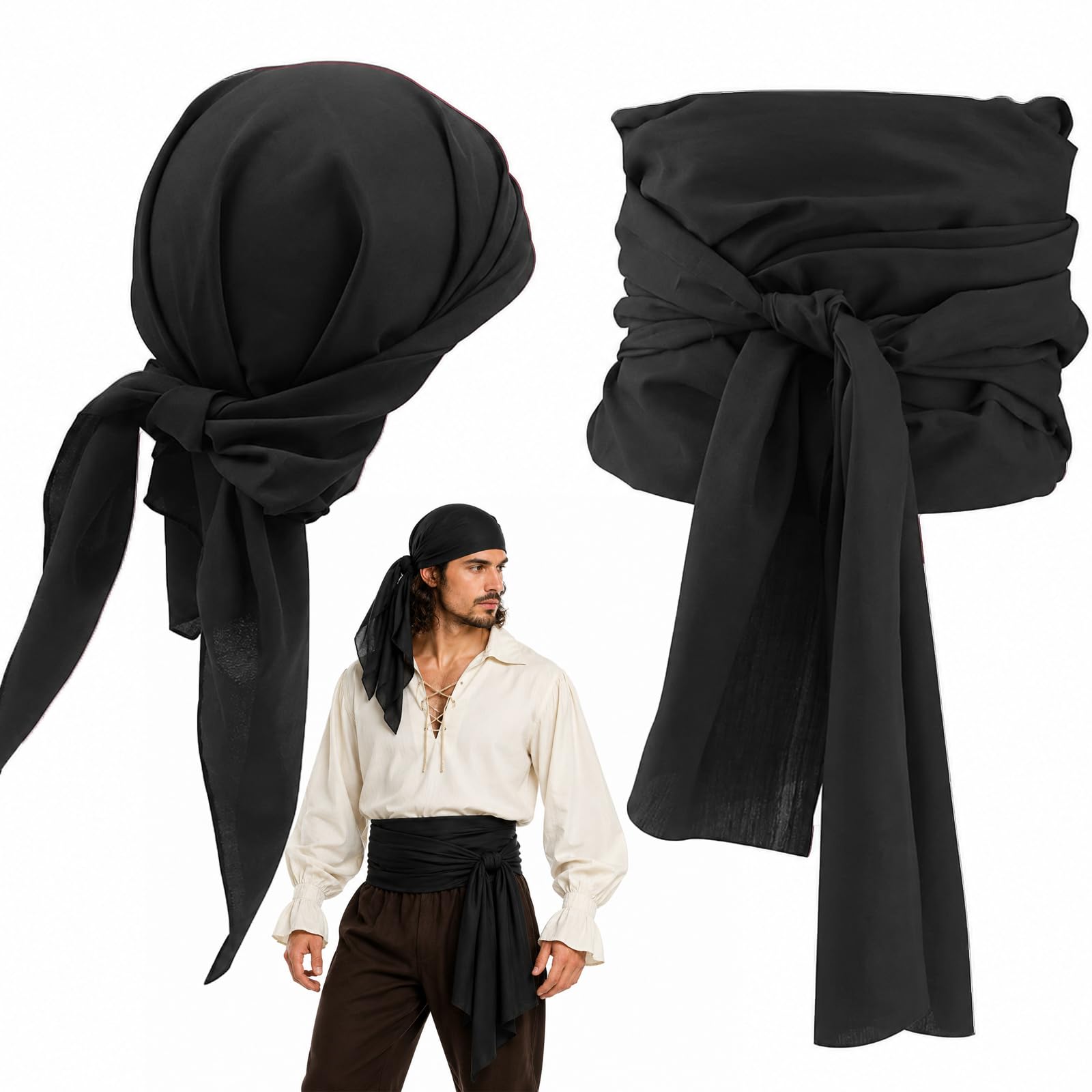 Womens Black Linen Pirate Headband, Pre-Tied with Elasticated Back