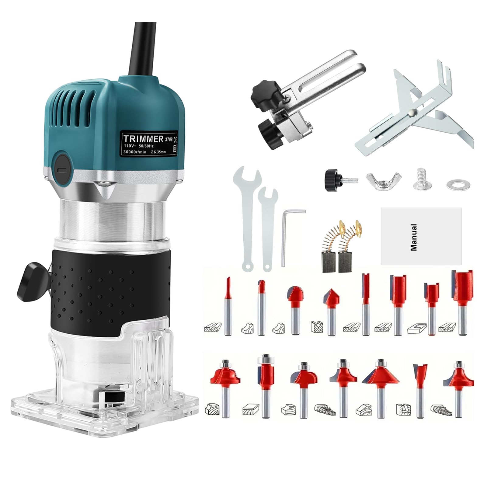 Fresadora eléctrica de madera con una sola mano, 1000 W, 30000 rpm, con 15 cabezales de fresado, 6 velocidades, fresadora con cierre rápido, ligero, resistente al polvo, motor de cobre