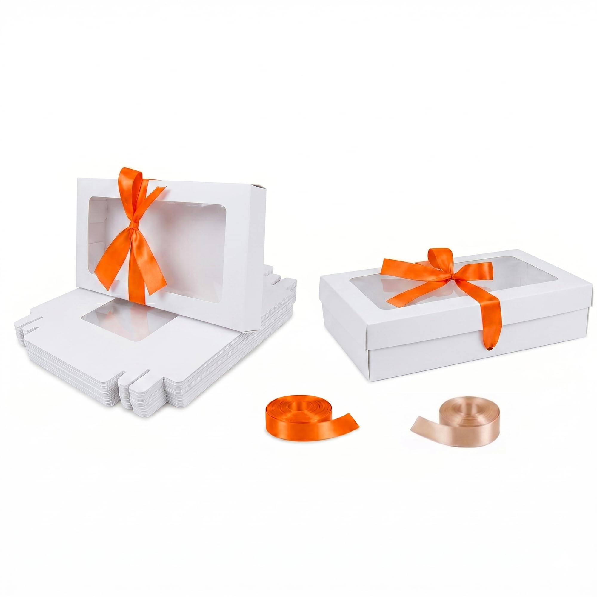 Emartbuy Pack of 12 White Gift Boxes with Clear Window Lid & Peach Satin Ribbon - Small 21.5 x 13.5 x 4.5 cm - Recyclable Kraft Presentation Box for Hampers, Treats, Weddings & Favours