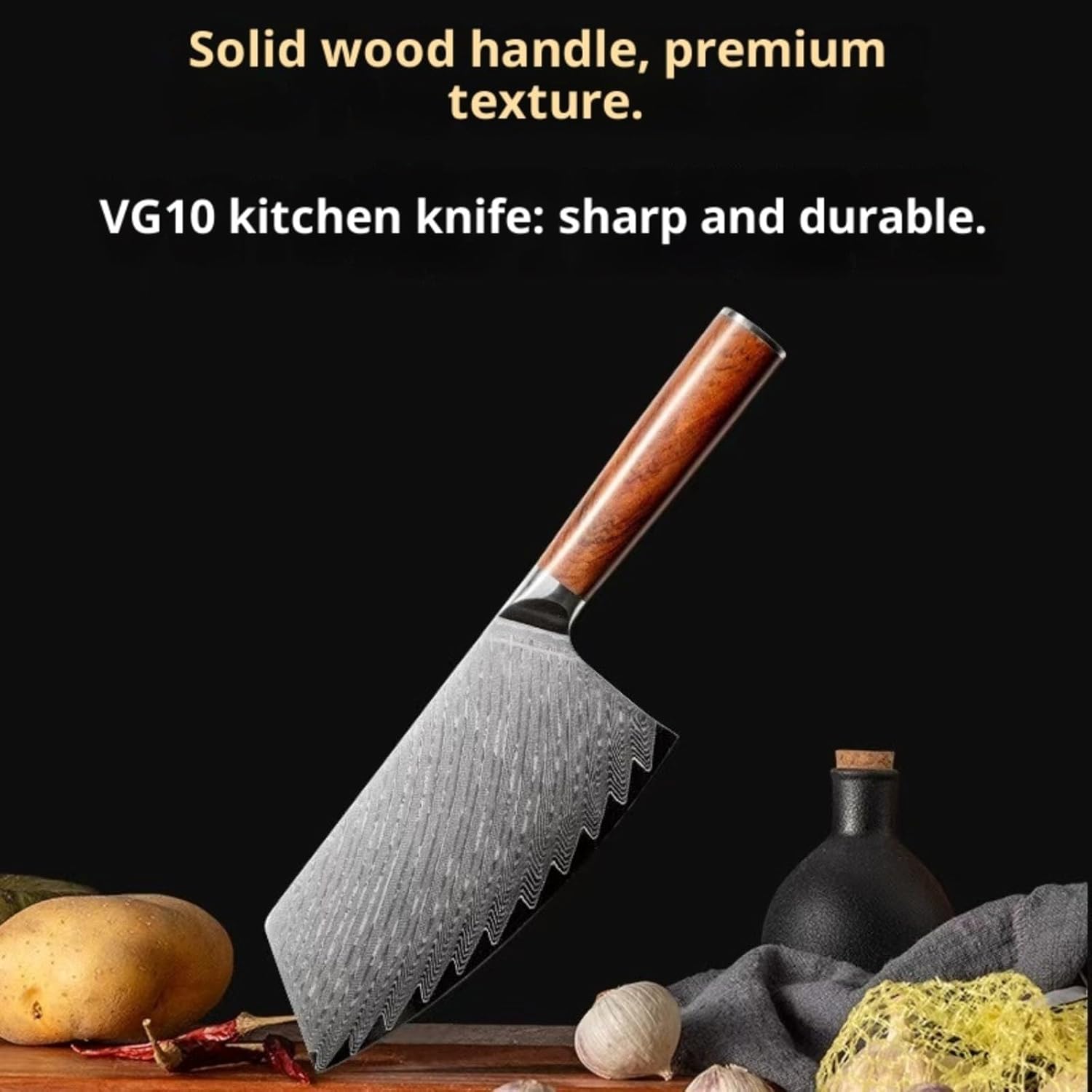 Flexible Series Meat Cleaver with Solid Wood & Ergonomic Handle, VG-10 Stainless Steel Damascus Kitchen Knife for Home, Restaurant & Outdoor BBQ Meat Cutting (Meat Knife)