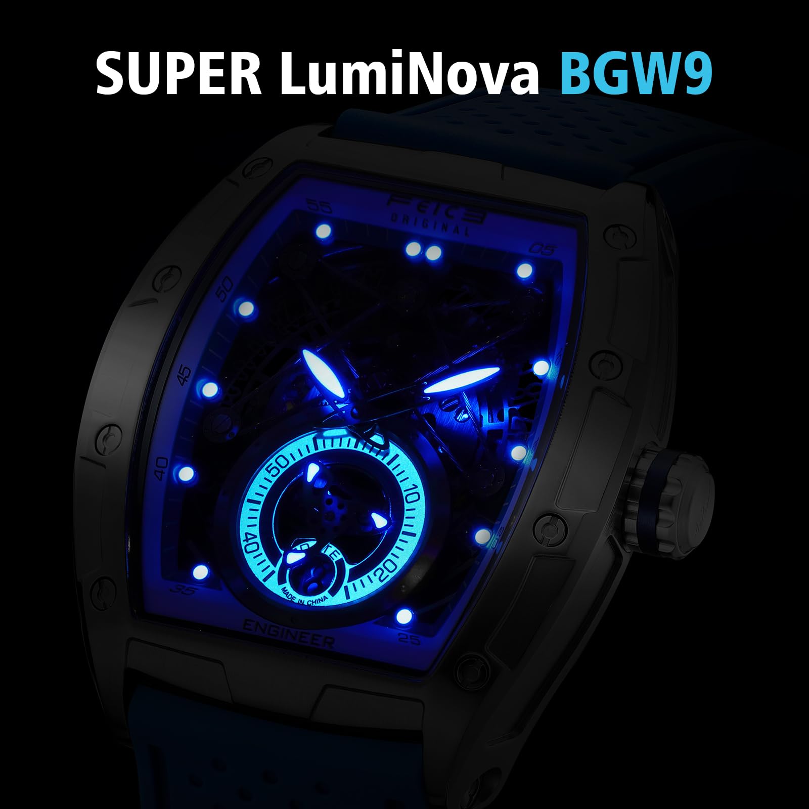 FEICE FM503 Orologio da Uomo Orologio Automatico Scheletrato Data Blu | Meccanico, Data, Forma a Barilotto, Vetro Minerale Blu Galvanizzato, Cinturino in Silicone Liquido, Cassa in Acciaio Inox