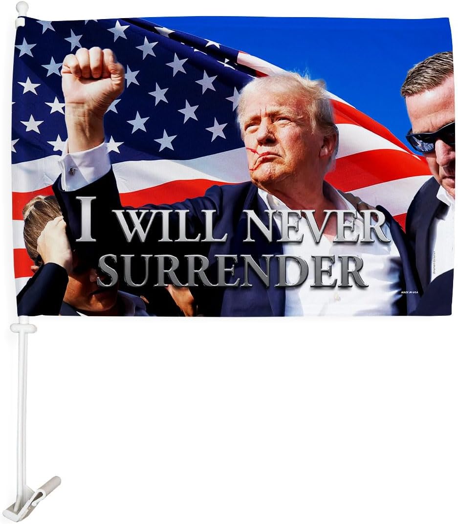 Trump Rally Never Surrender Car Flag Bandera para Carros Window Clip Pole Mount Kit Election 2024 President 47 Poster Auto Decor Accessories MAGA Sign Outdoor Decorations Republican Gift Made in USA