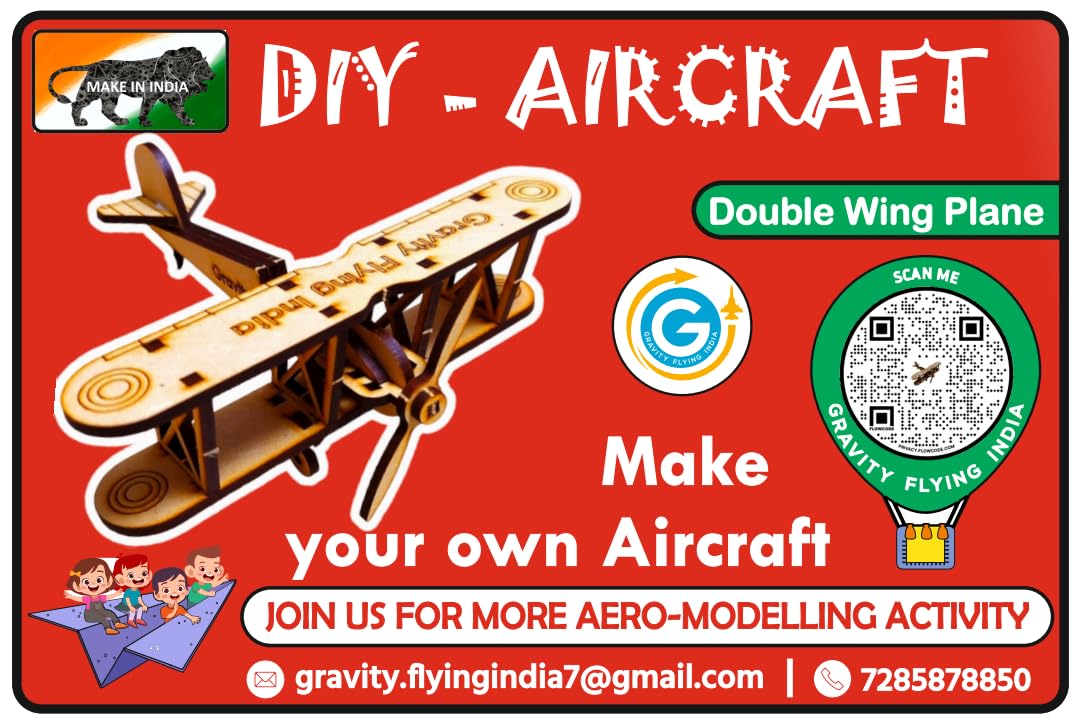 Gravity Flying India Souvenir Wooden DIY Kit Aircraft Double Wing, 3D Puzzle, Quick Assemble, Aero Plane, Crafts Painting Supplies DIY Wooden Airplane Toy, Height: 6 cm • Width: 14 cm • Length: 14 cm