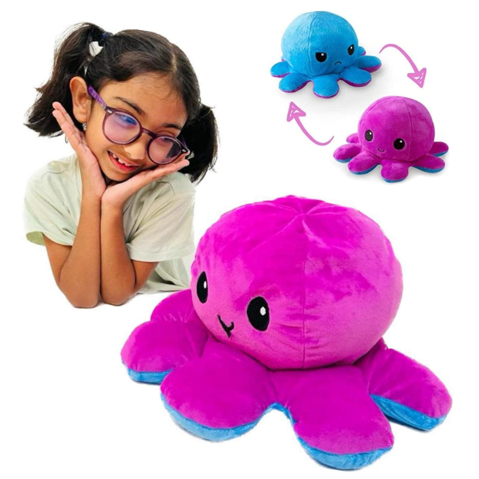 Grab Mantra Jumbo, Big Size Reversible Octopus Plush, Double-Sided Flip Stuffed Animal Mood Plush, soft toy, Without Saying a Word, as A Gift for Kids & Adult or for Decoration (Blue/purple)