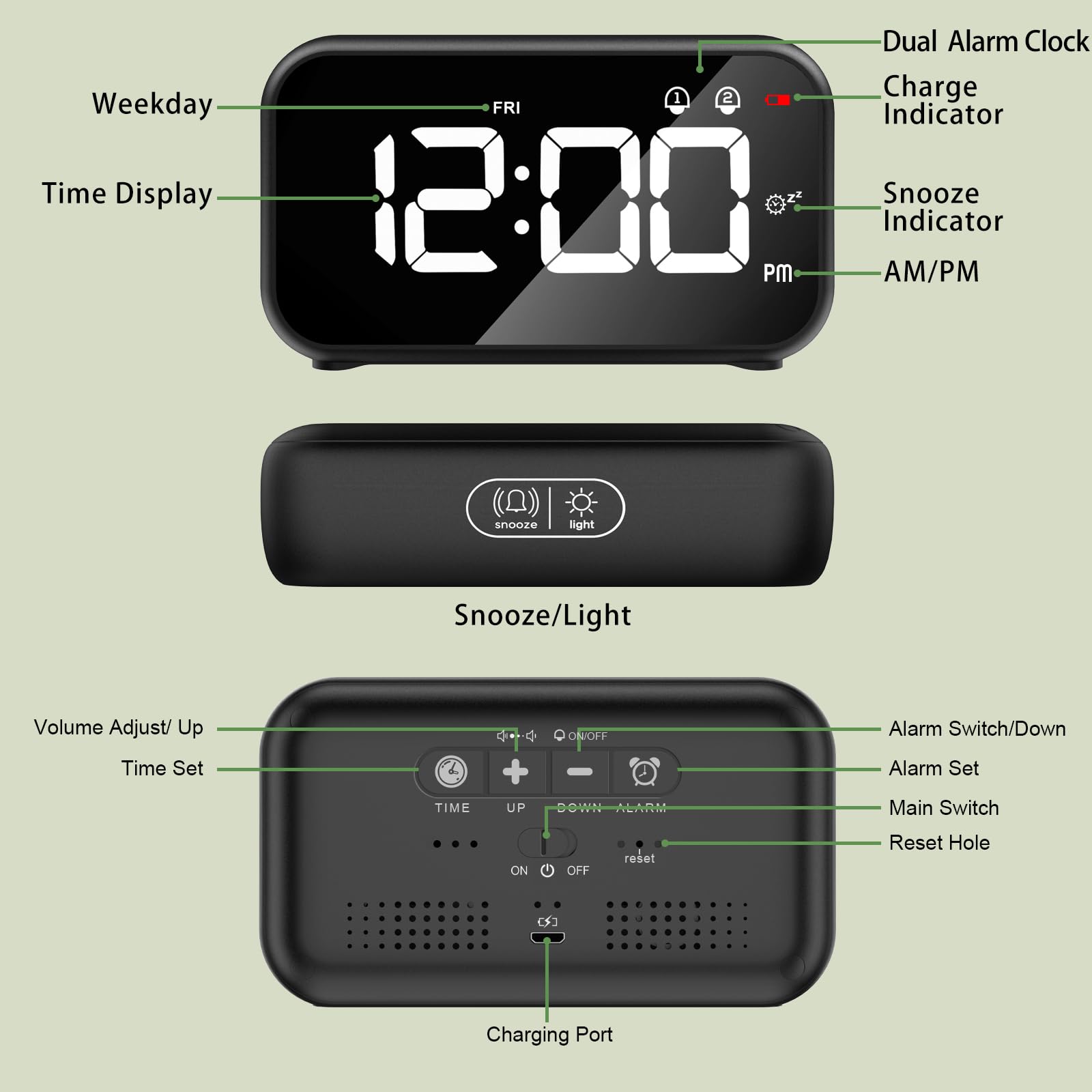 Sveglia Digitale, Sveglia da Comodino LED con 40 suonerie opzionali,Orologio a Specchio con Doppio Allarme, Funzione di Snooze,4 Livelli di luminosità, Sistema 12/24 Ore (Nero)