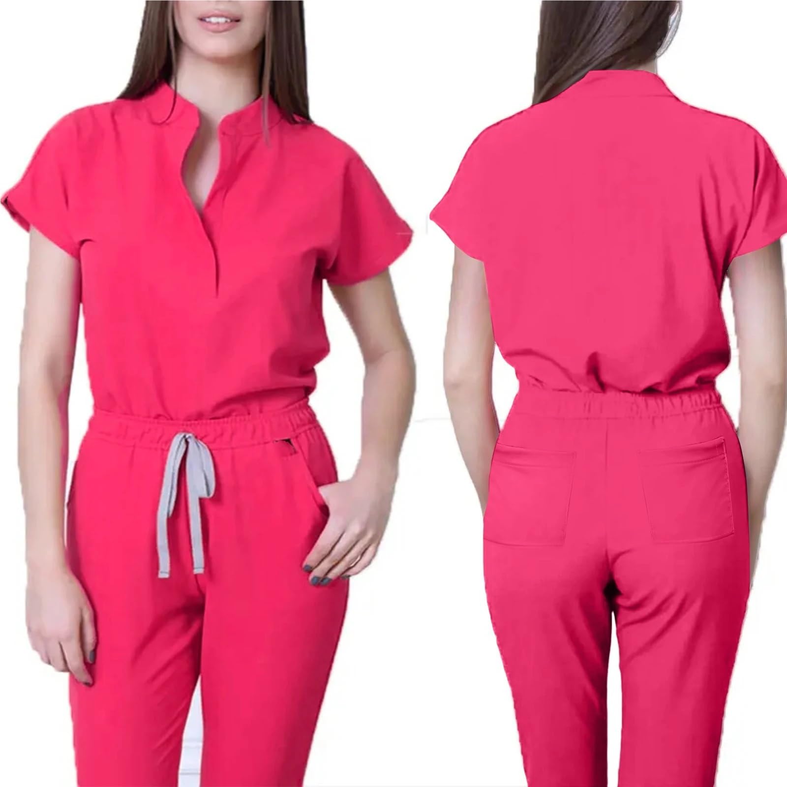 Casacca Sanitaria Donna Tuta da Infermiera Donna, Colletto alla Coreana, Manica Corta, Multicolore, Coulisse in Vita, Multitasche, Uniforme Medica | Pink,XXL