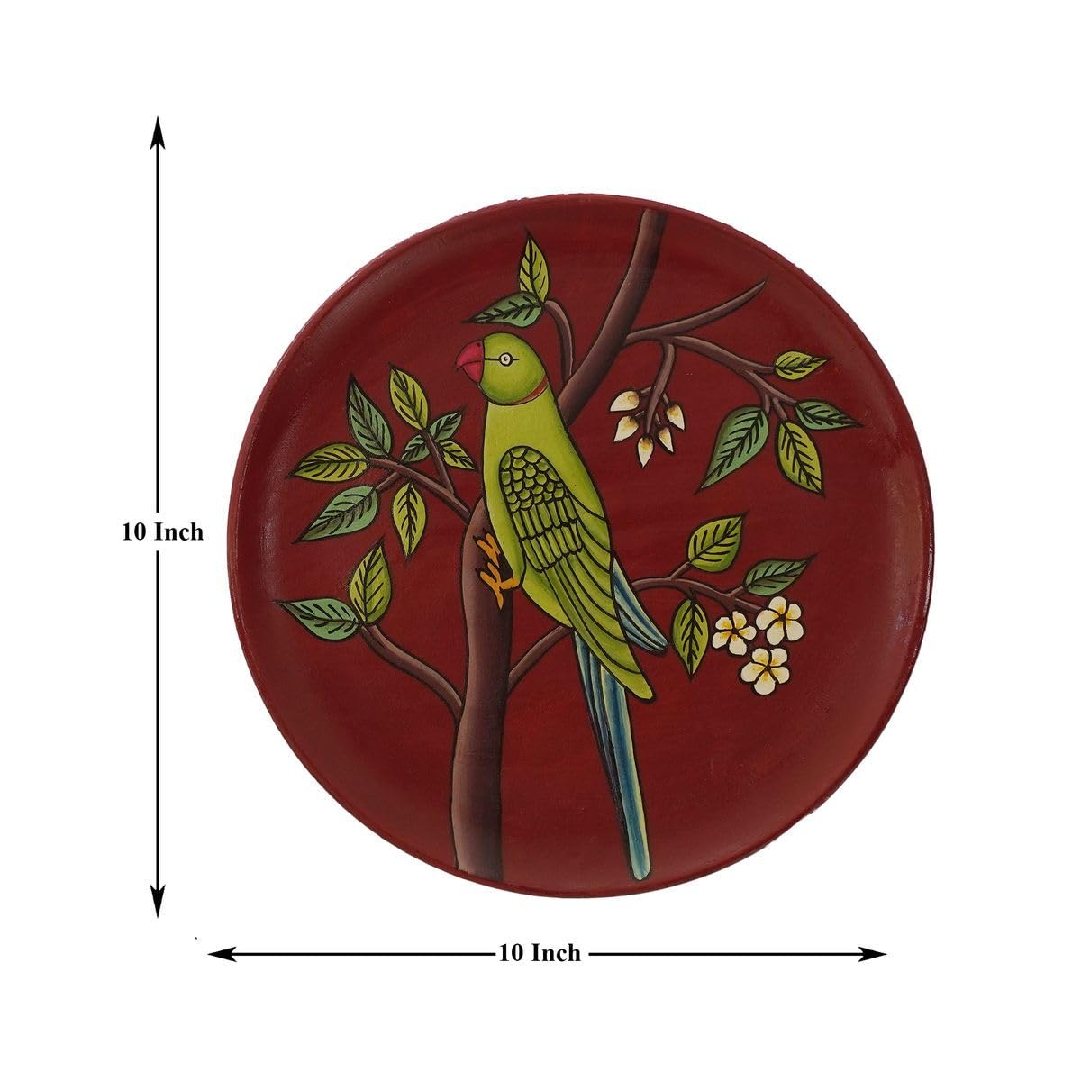 Tarang Arts Parrot Hand-Painted Wooden Wall Hanging Plate | Decorative Wall Art, Unique Handcrafted Home Decor | Traditional Design, Rustic Wooden Wall Plate | Ethnic Style Wooden Plate 1