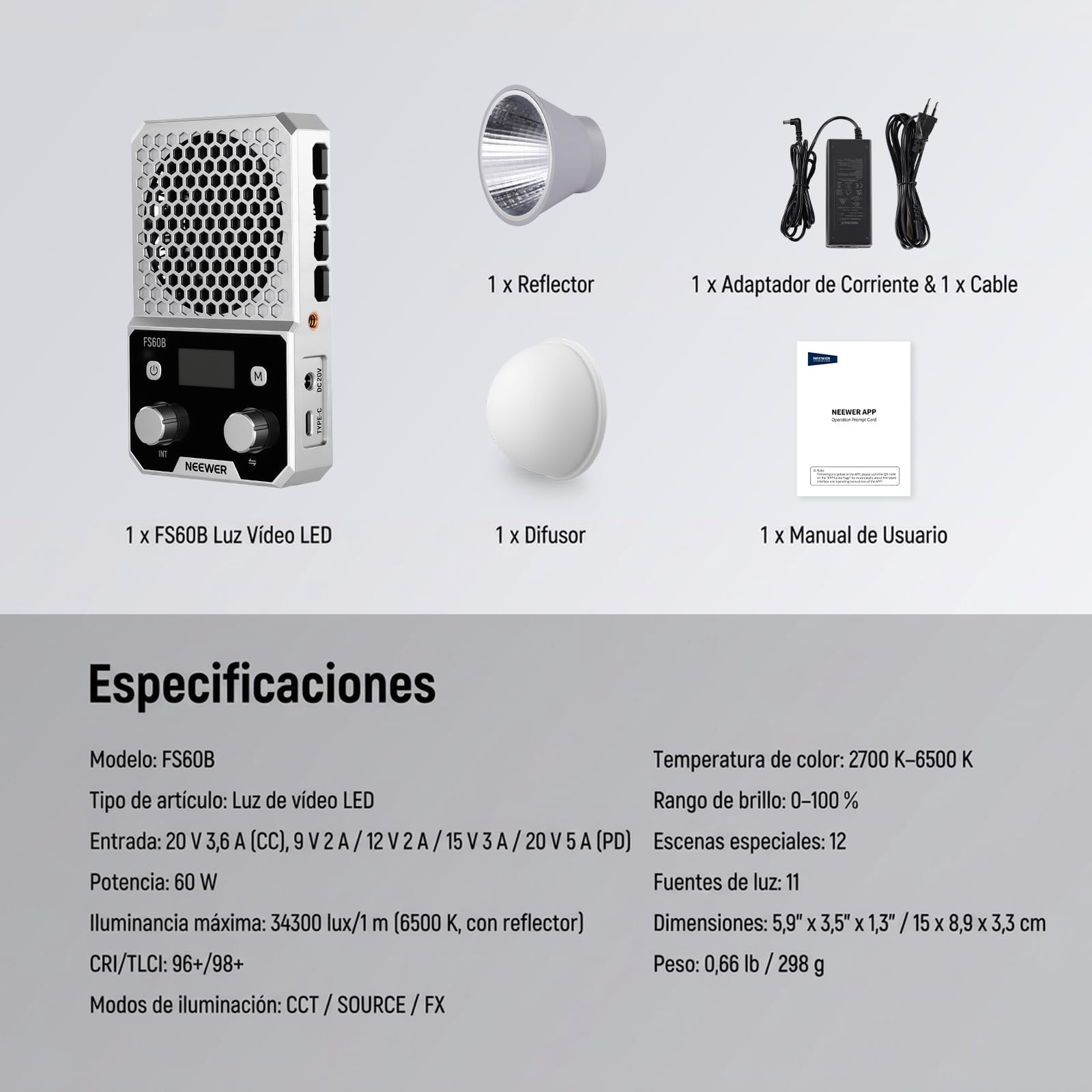 NEEWER 60W Luz Foco LED Compacta de Bolsillo Bi-Color con App & Panel Control, Iluminación Continua COB con 2700K-6500K/CRI96+, Portátil para Fotografía Estudio Profesional Grabación Video, FS60B